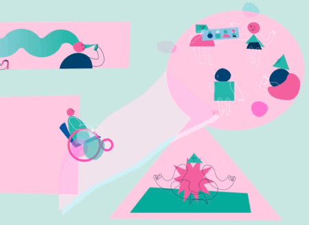 Illustratie met abstracte figuren en vormen, die mensen en technologie in een kleurrijke, moderne setting weergeven.