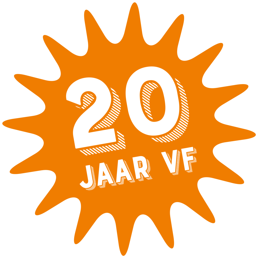 Alt-tekst: Logo met een oranje ster en de tekst "20 jaar VF".
