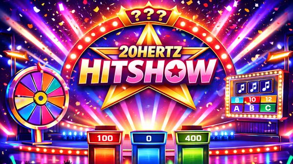 Kleurrijke afbeelding van een spelshow met de tekst "20Hertz Hitshow," inclusief een draaiwiel en scoreborden.
