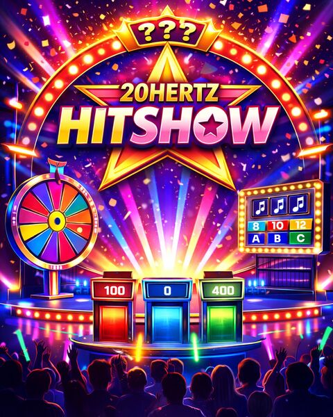 Kleurrijke spelshowafbeelding met een ster, draaischijf en scoreborden voor een quiz. 