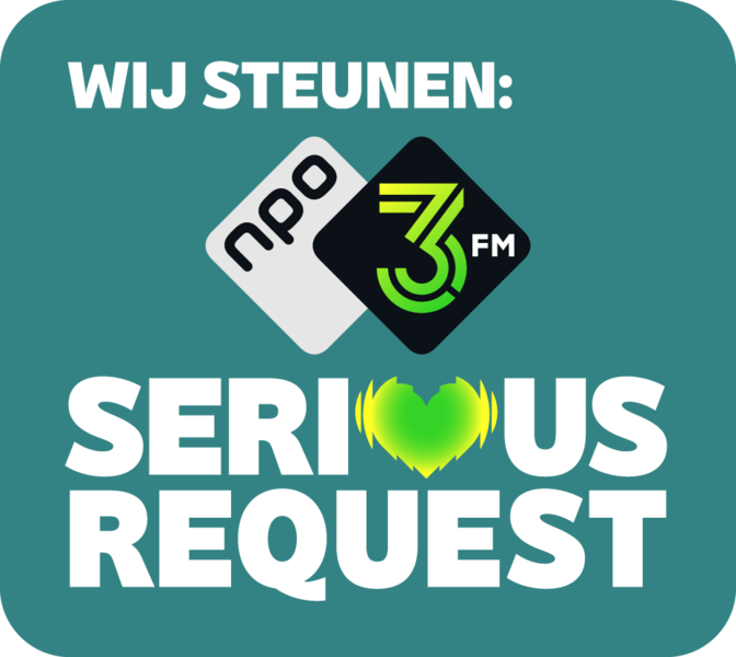 Logo met de tekst "Wij steunen: NPO 3FM Serious Request" op een turquoise achtergrond.