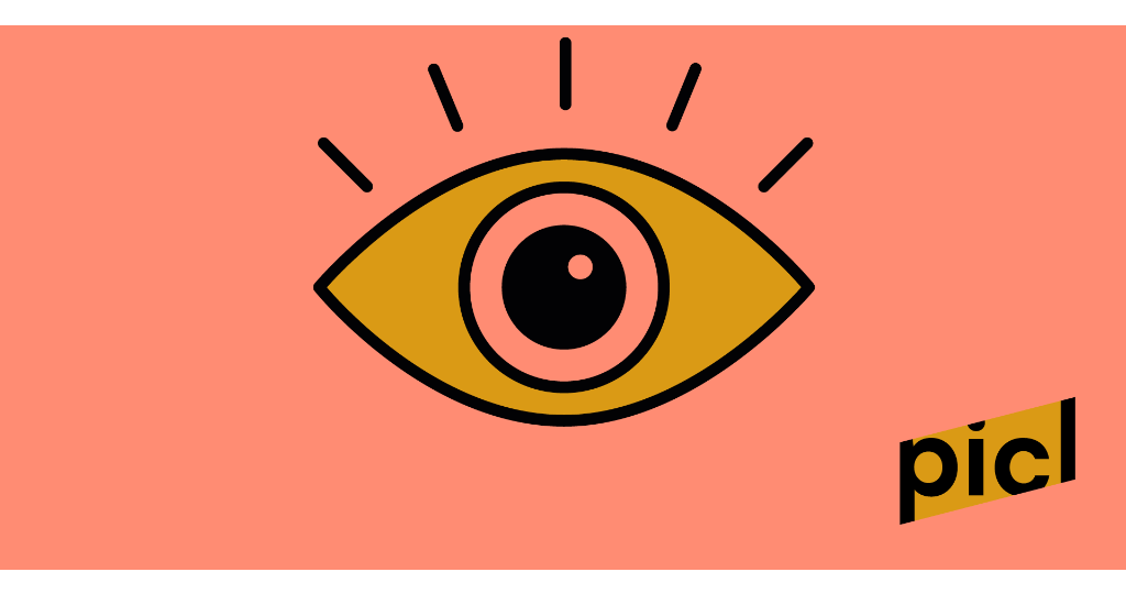 Een illustratie van een oog op een roze achtergrond met stralen, met het woord 'picl' in de rechteronderhoek.