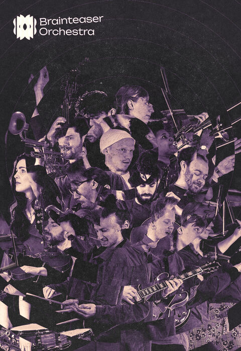 Een collage van muzikanten van het Brainraiser Orchestra tijdens een optreden, diverse instrumenten en expressieve gezichten.
