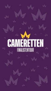 Alt-tekst: "Achtergrond in paars met simpele gouden kruinen en de witte tekst 'CAMERETTEN FINALISTENTOER' in het midden."