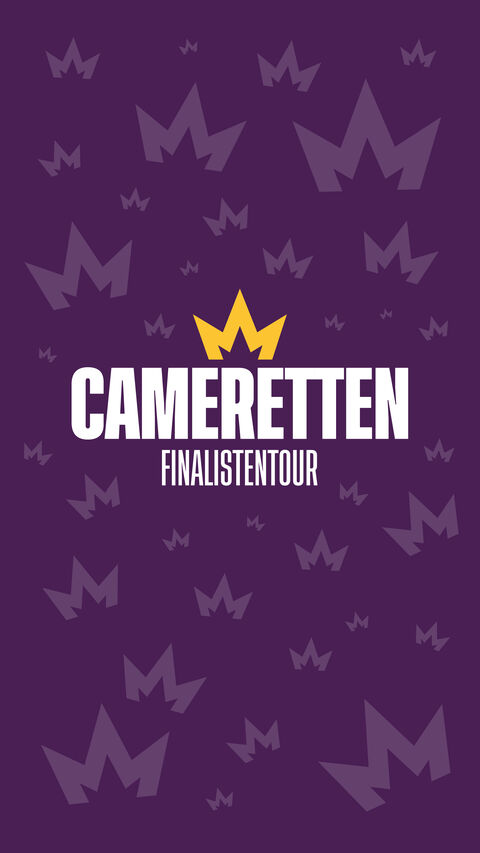 Alt-tekst: "Achtergrond in paars met simpele gouden kruinen en de witte tekst 'CAMERETTEN FINALISTENTOER' in het midden."