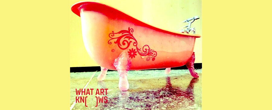 Roze badkuip met poten, versierd met een tekening van een paard en de tekst "What are you".