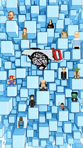 Illustratie van een abstracte, digitale ruimte met diverse personages en een hersenafbeelding in het midden.
