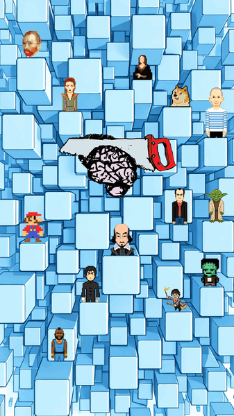Illustratie van een abstracte, digitale ruimte met diverse personages en een hersenafbeelding in het midden.