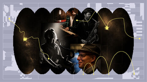 Collage van verschillende portretten van muzikanten, met abstracte elementen en een grafische achtergrond.