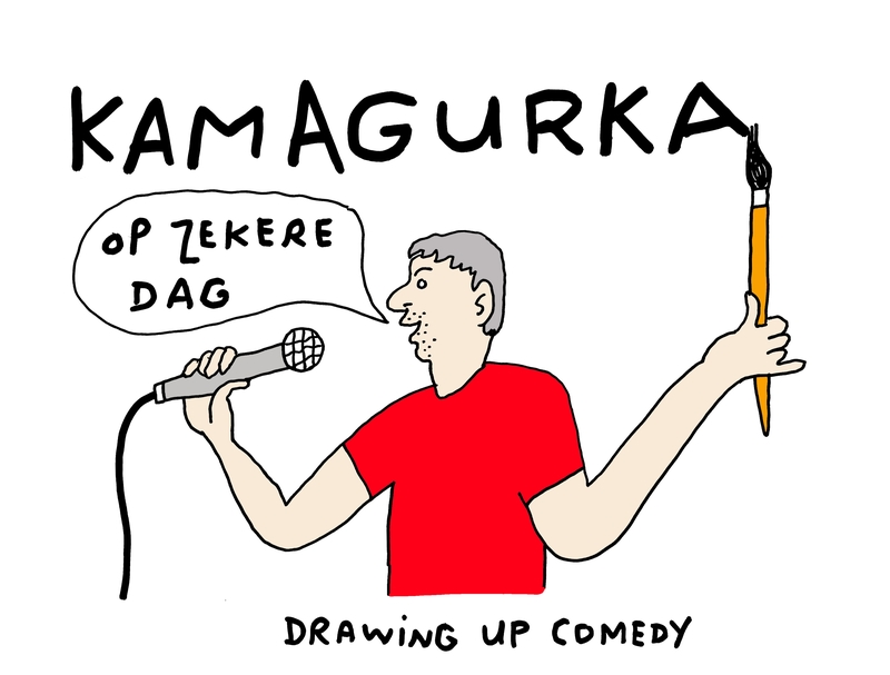 Illustratie van Kamagurka met een microfoon en potlood, met de tekst "Op zekere dag" en "Drawing up comedy".