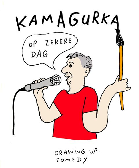 Illustratie van een man met een microfoon en een penseel, met de tekst "Kamagurka op zekere dag - Drawing up comedy".