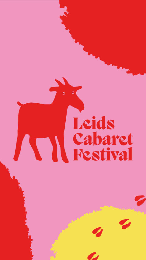 Logo van het Leids Cabaret Festival met een rode geit en kleurrijke achtergrond.