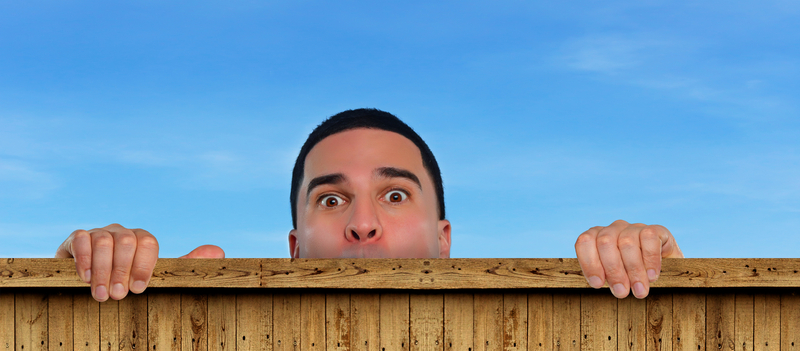 Een man kijkt nieuwsgierig boven een houten hek uit met een blauwe lucht op de achtergrond.