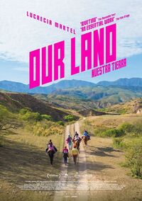 Groep mensen loopt op een onverharde weg in een bergachtige omgeving, met de titel "Our Land" in felgekleurde letters.