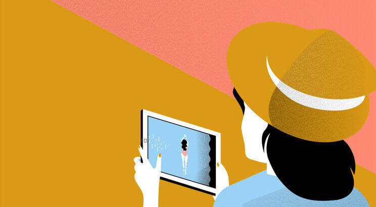 Vrouw met hoed die een tablet vasthoudt en naar een afbeelding op het scherm kijkt, tegen een kleurrijke achtergrond.