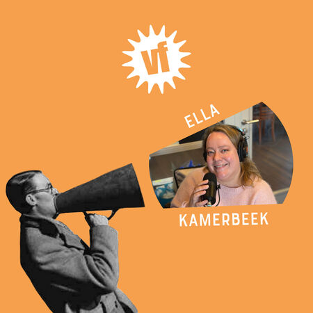 Beeld van een man met een megaphone en een vrouw met een microfoon, ter promotie van Ella Kamerbeek.