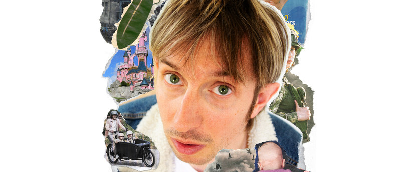 Portret van een man met kort, steil haar en een verbaasde uitdrukking, omringd door diverse afbeeldingen van motoren en natuur.