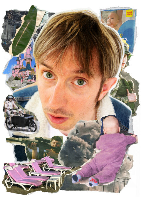 Collage van een man met blond haar en groene ogen, omringd door diverse beelden zoals een kasteel, een baby en een hond.