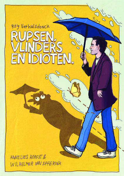 Man met een paraplu wandelt over een natte straat, met schaduw van een vlinder en een eend op een geel achtergrond.