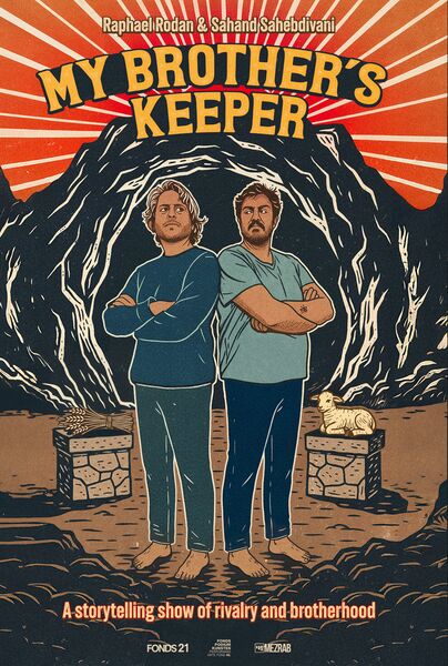 Illustratie van de poster voor "My Brother's Keeper," met twee mannen op een podium in een grot, omringd door stenen.