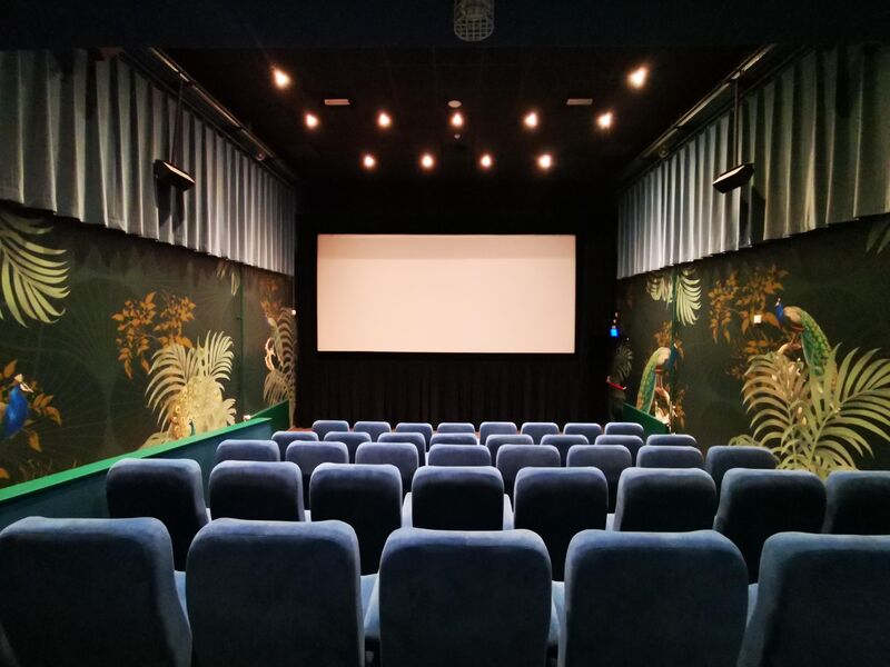 Een lege bioscoopzaal met groene wanden en een groot scherm aan de voorkant.