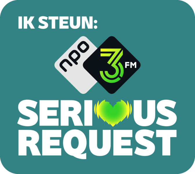 Logo van 3FM Serious Request met de tekst "Ik steun". Groen hartje en een turquoise achtergrond.