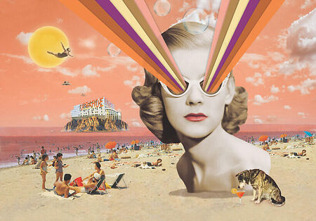 Kunstzinnige afbeelding van vrouw met futuristische zonnebril, met kleurrijke stralen, op een strand met mensen en een kat.