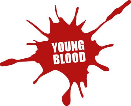 Rood inktvlek met het woord "YOUNG BLOOD" in het midden in een witte, gedurfde lettertype.
